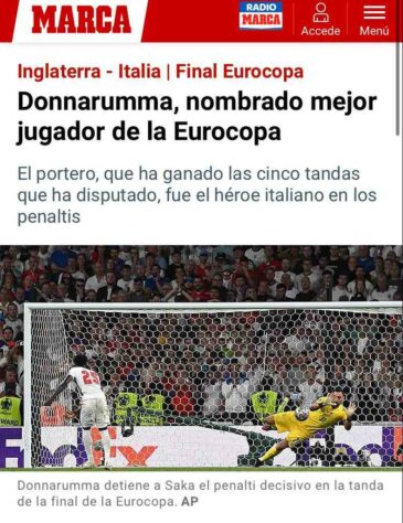 O jornal espanhol “Marca” lembrou da importância do goleiro Donnarumma, eleito melhor jogador da Eurocopa.