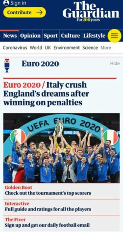 Mesmo sendo britânico, o “The Guardian” destacou a vitória italiana e “o fim do sonho” inglês.