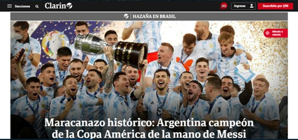 Fazendo alusão a 'la mano de Dios', o Clarín brincou com o lance de Maradona e colocou que a Copa América veio pelas mãos de Messi.