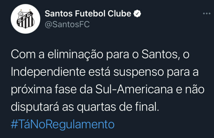 Perfil oficial do Santos usou #TáNoRegulamento para provocar a equipe argentina