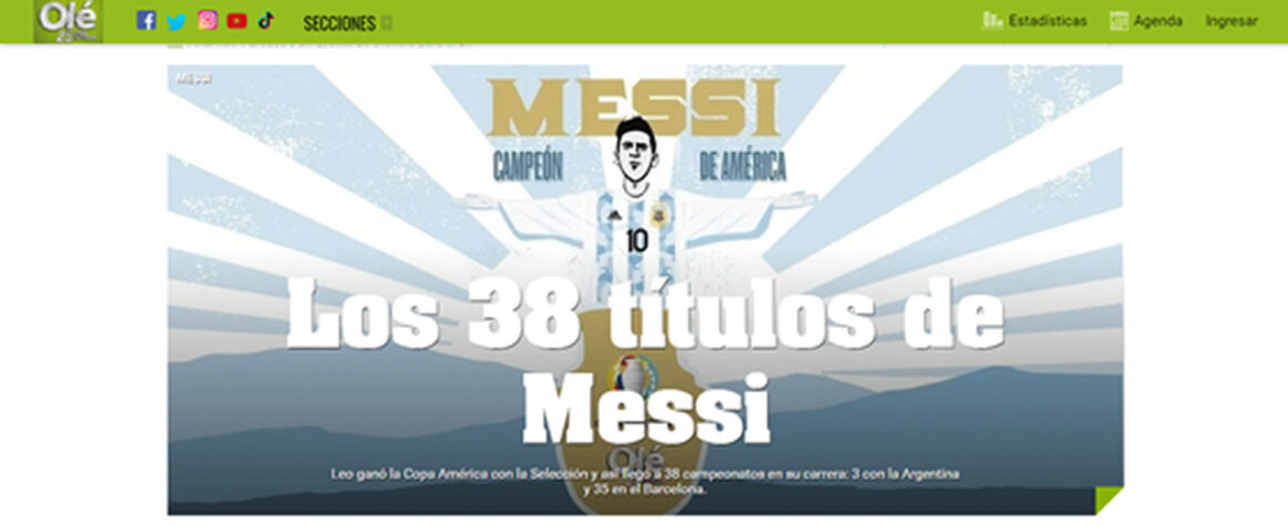 O mesmo Olé colocou a imagem de Messi no formato do Cristo Redentor e citou os 38 títulos do craque.