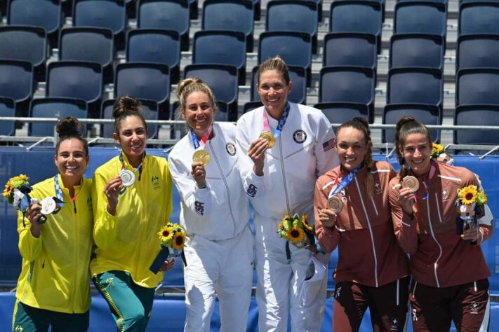 VÔLEI DE PRAIA - Na disputa pelo bronze, as suíças Vergé-Depré e Heidrich superaram Graudina e Kravcenoka, da Letônia, por 2 sets a 0, com parciais de 21/19 e 21/15.