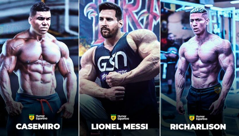 Já imaginou se grandes nomes do futebol investissem pesado na academia e conseguissem o físico de bodybuilders? O Humor Esportivo fez essa brincadeira com jogadores como Kanté, Messi, Cristiano Ronaldo, Neymar e muitos outros. Confira na galeria!