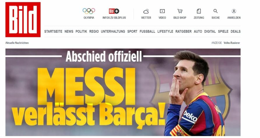 Repercussão da saída de Lionel Messi do Barcelona no Bild, da Alemanha. O craque foi capa em todos os jornais.