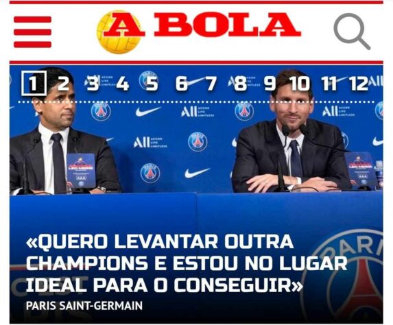 Em Portugal, o A Bola (Portugal) destaca frase de Messi sobre desejo em conquistar mais uma Champions League.