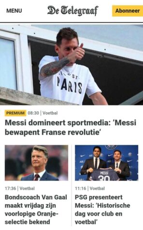 Ao lado de Van Gaal, Messi ganha destaque no De Telegraaf (Holanda) no dia de sua apresentação.