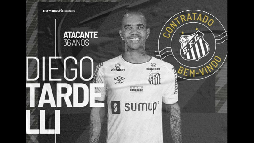 FECHADO - O Santos anunciou a contratação do atacante Diego Tardelli na tarde desta segunda-feira. Aos 36 anos, o jogador assinou o contrato até dezembro deste ano, com opção de renovação até o final do Paulista 2022. Ele já passou por exames médicos e inicia os treinos com o técnico Fernando Diniz.