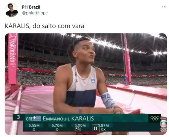 Não faltaram trocadilhos com nomes de atletas. Karalis, atleta grego do salto com vara, foi um deles.