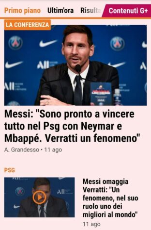 O La Gazzetta dello Sport (Itália) destaca frase de Messi sobre Neymar, Mbappé e Verratti, novos companheiros de clube.