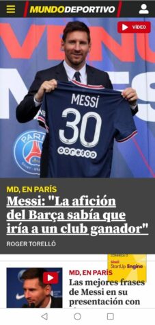 Mundo Deportivo (Espanha), jornal catalão, destaca frase de Messi durante apresentação no PSG sobre o Barcelona.
