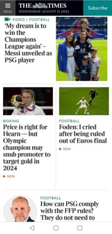 O The Times (Inglaterra) destaca assuntos do futebol inglês, mas também abre espaço para comentar sobre a apresentação de Messi.