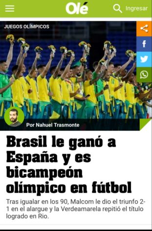 Com a vitória sobre a Espanha, na prorrogação, por 2 a 1, o Brasil conquistou sua segunda medalha de ouro consecutiva do futebol masculino nas Olimpíadas. O feito brasileiro ganhou destaque em muitos jornais do mundo. Confira as capas pelo mundo dos principais jornais esportivos sobre a conquista brasileira!