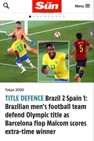 O The Sun destacou a vitória do Brasil citando Malcom, que não vingou no Barcelona.
