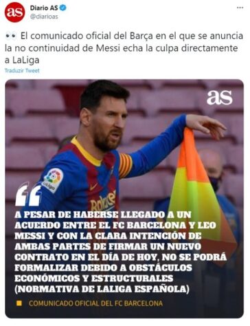 Repercussão da saída de Lionel Messi do Barcelona no Twitter oficial do Diário AS, da Espanha. 