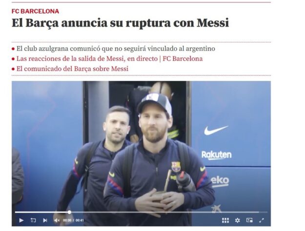 Repercussão da saída de Lionel Messi do Barcelona no Mundo Deportivo, da Espanha. "Barça anuncia sua ruptura com Messi".
