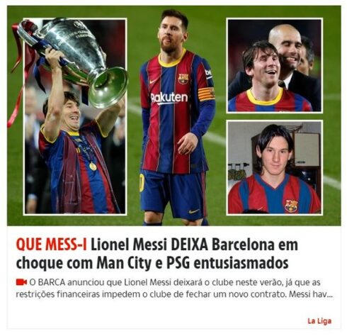 Repercussão da saída de Lionel Messi do Barcelona no The Sun, da Inglaterra.