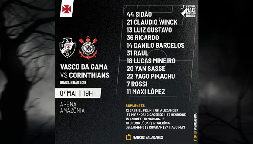 Time titular do Vasco durante o Brasileirão de 2019.