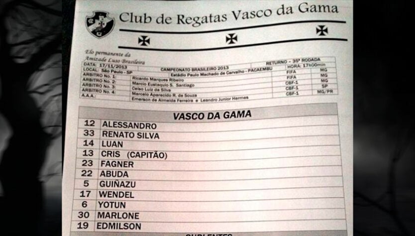 Vasco 2013 - Alessandro; Renato Silva, Luan, Cris e Fagner; Abuda, Guiñazu, Wendel, Yotún e Marlone; Edmilson.