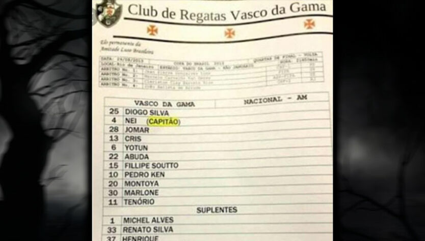 Vasco 2013 - Diogo Silva; Nei, Jomar, Cris, Yotún; Abuda, Fillipe Souto, Pedro Ken, Montoya e Marlone; Tenório.