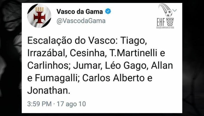 Vasco 2010 - Tiago, Irrazábal, Cesinha, Thiago Martinelli e Carlinhos; Jumar, Léo Gago, Allan e Fumagalli; Carlos Alberto e Jonathan.