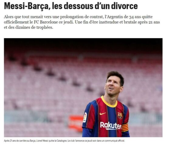 Repercussão da saída de Lionel Messi do Barcelona no "Le Parisien", da França. Publicação tratou caso como "divórcio".