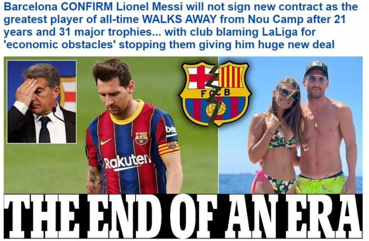 Repercussão da saída de Lionel Messi do Barcelona no Daily Mail, da Inglaterra. "O fim de uma era".