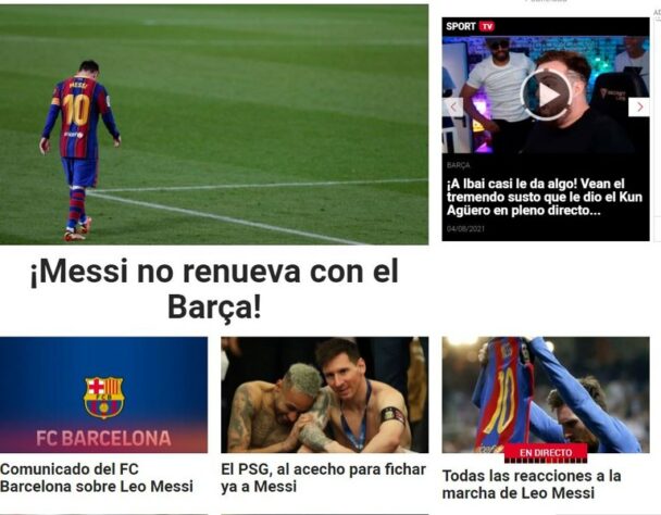 Repercussão da saída de Lionel Messi do Barcelona no diário Sport, da Espanha. "Messi não renova com o Barça".