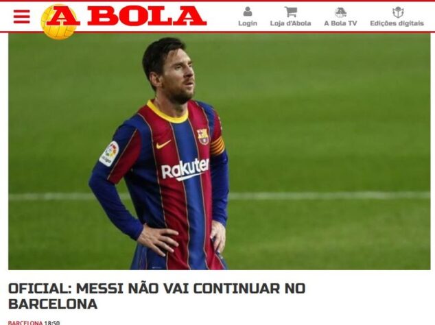 Repercussão da saída de Lionel Messi do Barcelona no A Bola, de Portugal.