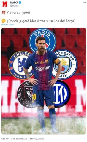 Repercussão da saída de Lionel Messi do Barcelona no Twitter oficial do Diário Marca, da Espanha.