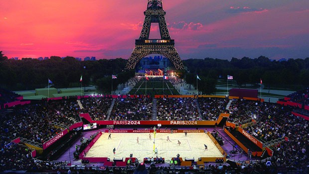 Plano para os Jogos Olímpicos de Paris, em 2024. Vôlei de praia será realizado em arena montada aos pés da Torre Eiffel.