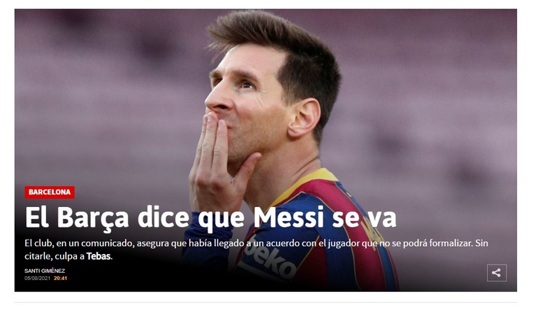 Repercussão da saída de Lionel Messi do Barcelona no "AS", da Espanha. O diário destacou o comunicado publicado pelo Barcelona.