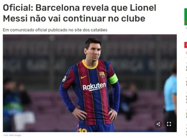 Repercussão da saída de Lionel Messi do Barcelona no Record, de Portugal.