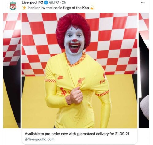 Na última semana, o Liverpool divulgou a sua terceira camisa para temporada 2021-22. Como é comum em camisas que misturam o amarelo com vermelho, o McDonald's foi lembrado.