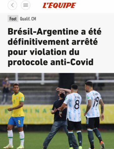 O L´Equipe, da França, destaca a suspensão por violação nos protocolos da Covid-19.