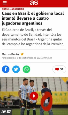 O Diário AS, um dos principais da Espanha, destaca o caos na partida entre brasileiros e argentinos.