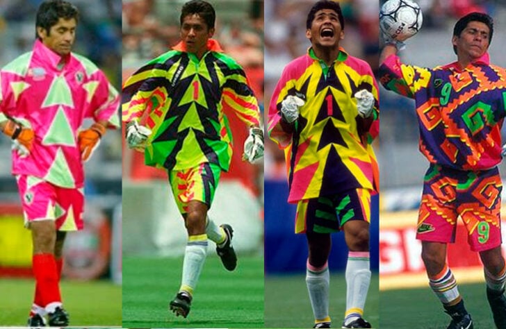 Algumas das camisas utilizadas por Jorge Campos na seleção do México.