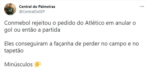 Tentativa frustrada de anulação do jogo contra o Palmeiras pela Libertadores faz Galo ser alvo de memes nas redes sociais.