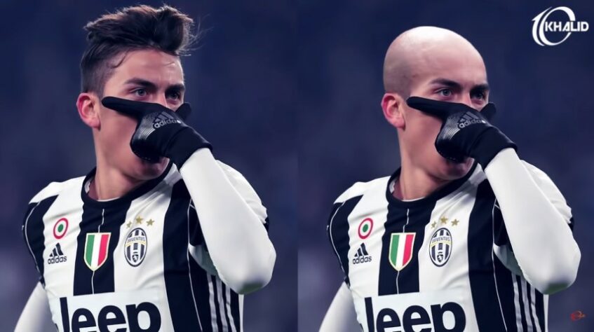 Máquina zero? Jogadores ficam carecas em montagens. Na foto, Paulo Dybala.