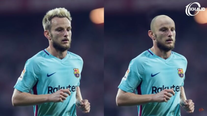 Máquina zero? Jogadores ficam carecas em montagens. Na foto, Ivan Rakitic.