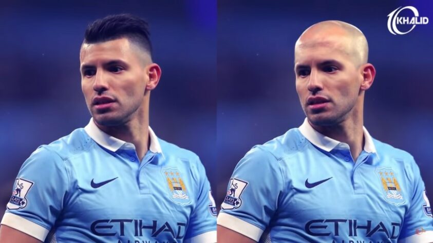 Máquina zero? Jogadores ficam carecas em montagens. Na foto, Kun Aguero.