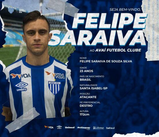 FECHADO - O Avaí oficializou a contratação do atacante Felipe Saraiva, que chega por empréstimo do Maringá até o final de 2021.