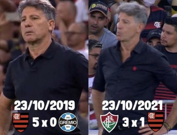 Exatos dois anos após sofrer a histórica goleada para o Flamengo, ainda sob comando do Grêmio, Renato Gaúcho sofreu mais uma derrota impactante no Maracanã, dessa vez como técnico do rubro-negro. O Fluminense venceu por 3 a 1, deixou o rival mais distante do título do Brasileirão e os torcedores foram às redes sociais para as zoações e também para enaltecer o jovem John Kennedy. Veja na galera! (Por Humor Esportivo)