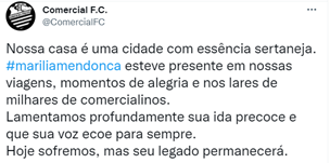 COMERCIAL: Nossa casa é uma cidade com essência sertaneja. #mariliamendonca esteve presente em nossas viagens, momentos de alegria e nos lares de milhares de comercialinos. Lamentamos profundamente sua ida precoce e que sua voz ecoe para sempre. Hoje sofremos, mas seu legado permanecerá.