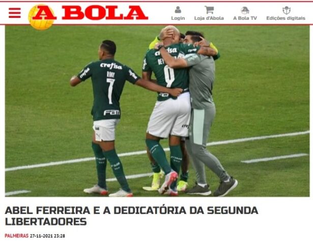 O jornal português "A Bola" destaca a felicidade do técnico Abel Ferreira.
