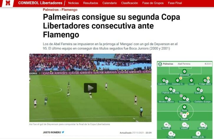 "Palmeiras consegue sua segunda Copa Libertadores consecutiva contra o Flamengo", destaca o jornal espanhol "Marca".