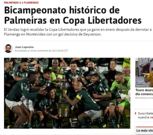 "Bicampeonato histórico do Palmeiras na Copa Libertadores", destaca o jornal espanhol "AS".