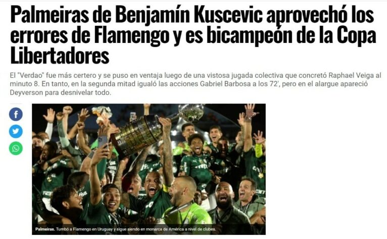 "Palmeiras de Benjamín Kuscevic aproveitou os erros do Flamengo e é bicampeão da Copa Libertadores", destaca o jornal chileno "En Cancha".