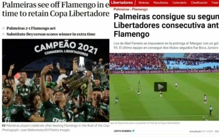 Após vencer o Flamengo por 2 a 1 no estádio Centenário, no Uruguai, o Palmeiras se sagrou campeão da Libertadores pelo segundo ano consecutivo. Confira, nesta galeria, a repercussão internacional do título do Verdão!
