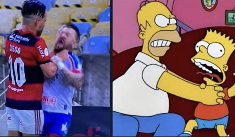 Jogadores se envolveram em confusão no segundo tempo da vitória por 3 a 0 do time carioca e ambos acabaram recebendo cartão vermelho. Imagem de Diego segurando Rossi pelo pescoço foi comparada com cena de Os Simpsons, além de render outras brincadeiras. Confira! (Por Humor Esportivo)