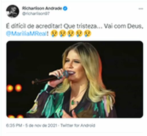 RICHARLISON: É difícil de acreditar! Que tristeza... Vai com Deus, @MariliaMReal!